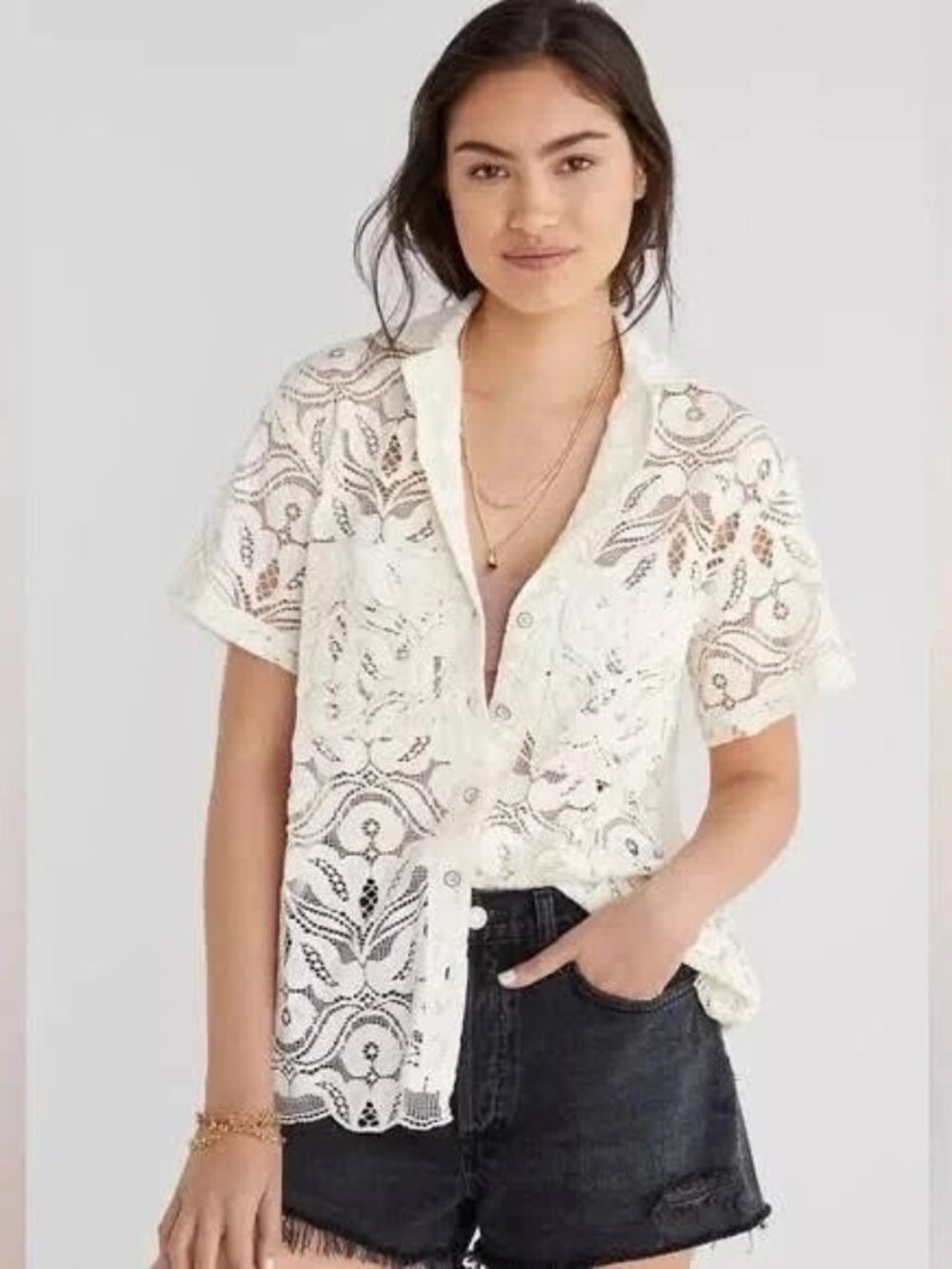 Maeve Ivory Surf Shirt Button Down Lace Short Sleeve Size 1X NWT